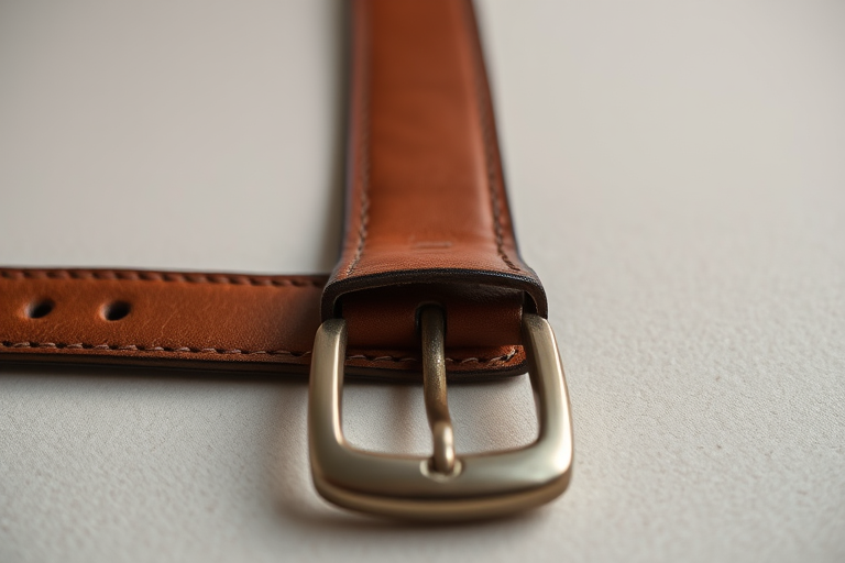 Photograph a close-up of a leather belt lying flat on a neutral background, using a DSLR camera with a 50mm lens, aperture set to f/2.8, ISO 100, shutter speed 1/200s, natural lighting for enhanced texture details.