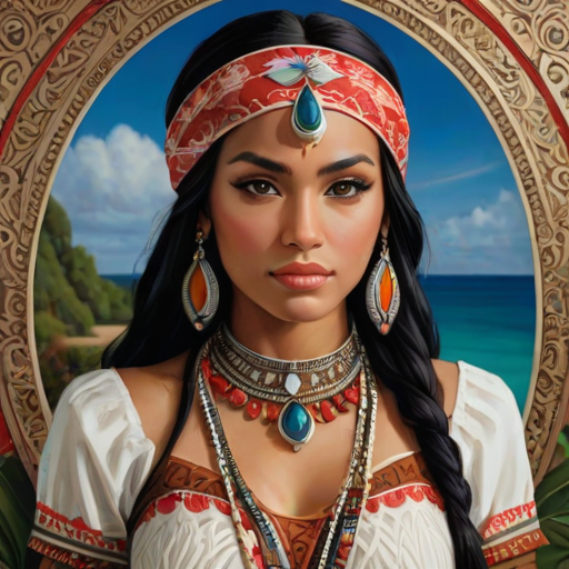 Create a portrait of a beautiful Polynesian woman with striking red eyes and a gentle expression. She is adorned in traditional attire with intricate patterns, including a richly embroidered headscarf and matching garments. Her jewelry includes a delicate headpiece, dangling earrings, and ornate bracelets, all featuring vibrant gemstones and detailed metalwork. The background is soft and warm, enhancing the rich colors of her outfit and jewelry.