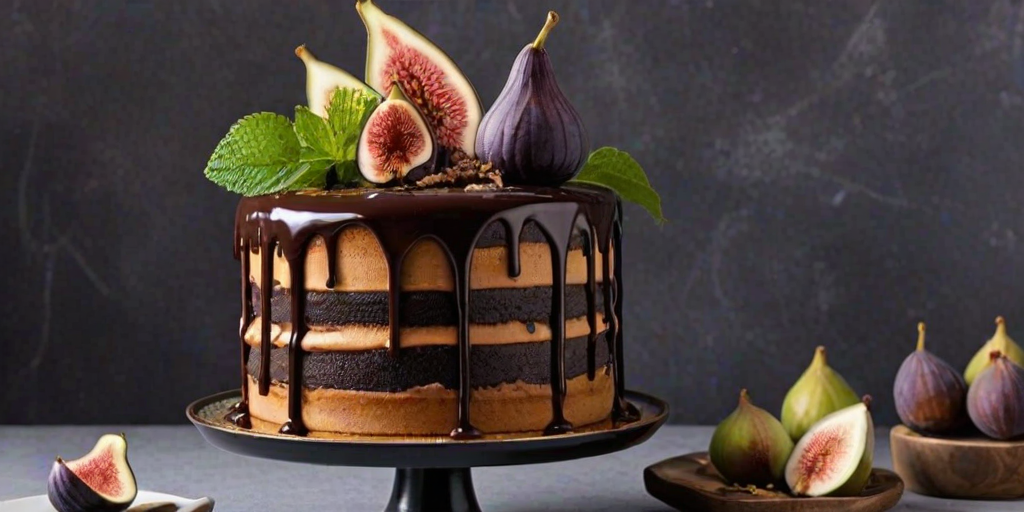Create an image of a tall, layered chocolate cake with rich chocolate ganache dripping down the sides. The cake should have decorative elements like fresh figs, sprigs of mint, and edible gold leaf. Add a waffle cone piece and some purple flowers on top for an elegant touch. The background should be a simple green to enhance the cake's colors.