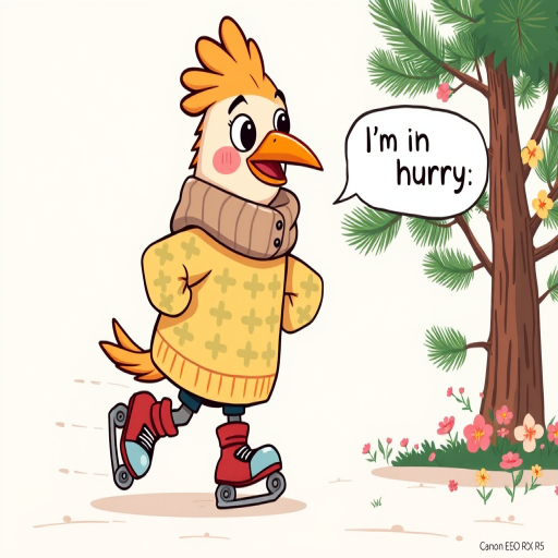 Create a vibrant and whimsical illustration of a cartoonish creature with a bird-like head, wearing a sweater and rolling on roller skates, depicted in a hurry with a speech bubble saying "I'm in a hurry," set against a simple backdrop featuring a pine tree and flowers, use a Canon EOS R5, 50mm lens, aperture f/2.8, ISO 100, and a bright daylight setting for enhanced color saturation and detail.