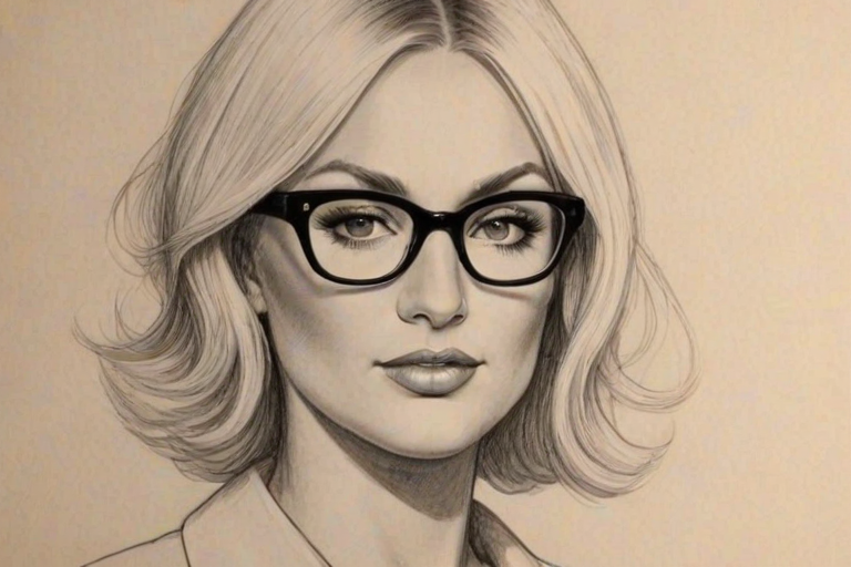 Bewitching Brooke Hogan, pencil sketch, portrait of Alluring woman 1925s in glasses, hair style beatnik, outline, clear lines, fine lines, 8k