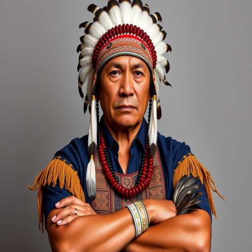 Create a dignified portrait of a Native American man dressed in traditional attire. He wears a beautifully crafted headdress adorned with white feathers and red beads, along with a beaded headband featuring intricate patterns. His clothing includes a deep blue, patterned shirt and a traditional chest piece with detailed beadwork. His arms are crossed, displaying leather armbands decorated with feathers. The background is simple and neutral, emphasizing his proud and stoic expression. The overall image captures the rich cultural heritage and strength of his persona.