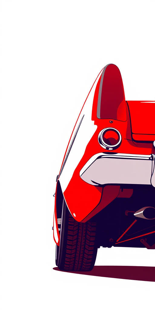 Create a vibrant illustration of a classic car from a low-angle perspective, emphasizing its curves and details, using high contrast red on a white background with a digital art style, set at 300 DPI.