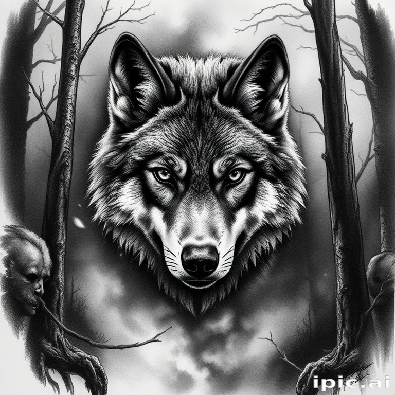Realistic black and grey tattoo called "Forest Guardian" portraying a lifelike wolf emerging from misty woods with incredible detail in fur texture, piercing eyes, and atmospheric background shading