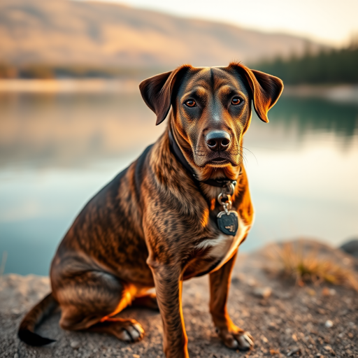 A high-quality photograph of a sitting brown brindle dog by a tranquil turquoise lake during golden hour, captured with a DSLR camera using a 50mm lens at f/2.8, ISO 100, shutter speed 1/200 sec, focus on the dog with a shallow depth of field for a blurred background.