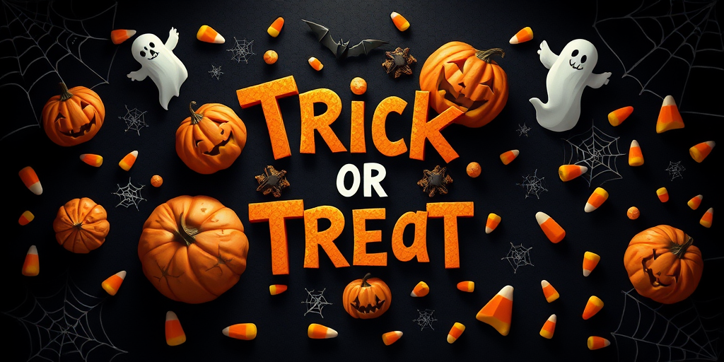 Create an illustration of a Halloween-themed design centered around the phrase Trick or Treat, featuring pumpkins, ghosts, bats, candy corn, and spider webs, with a dark background, using a high-resolution digital camera with a 50mm lens, f/2.8 aperture, ISO 100, and top-down view for enhanced detail and vibrant color contrast.