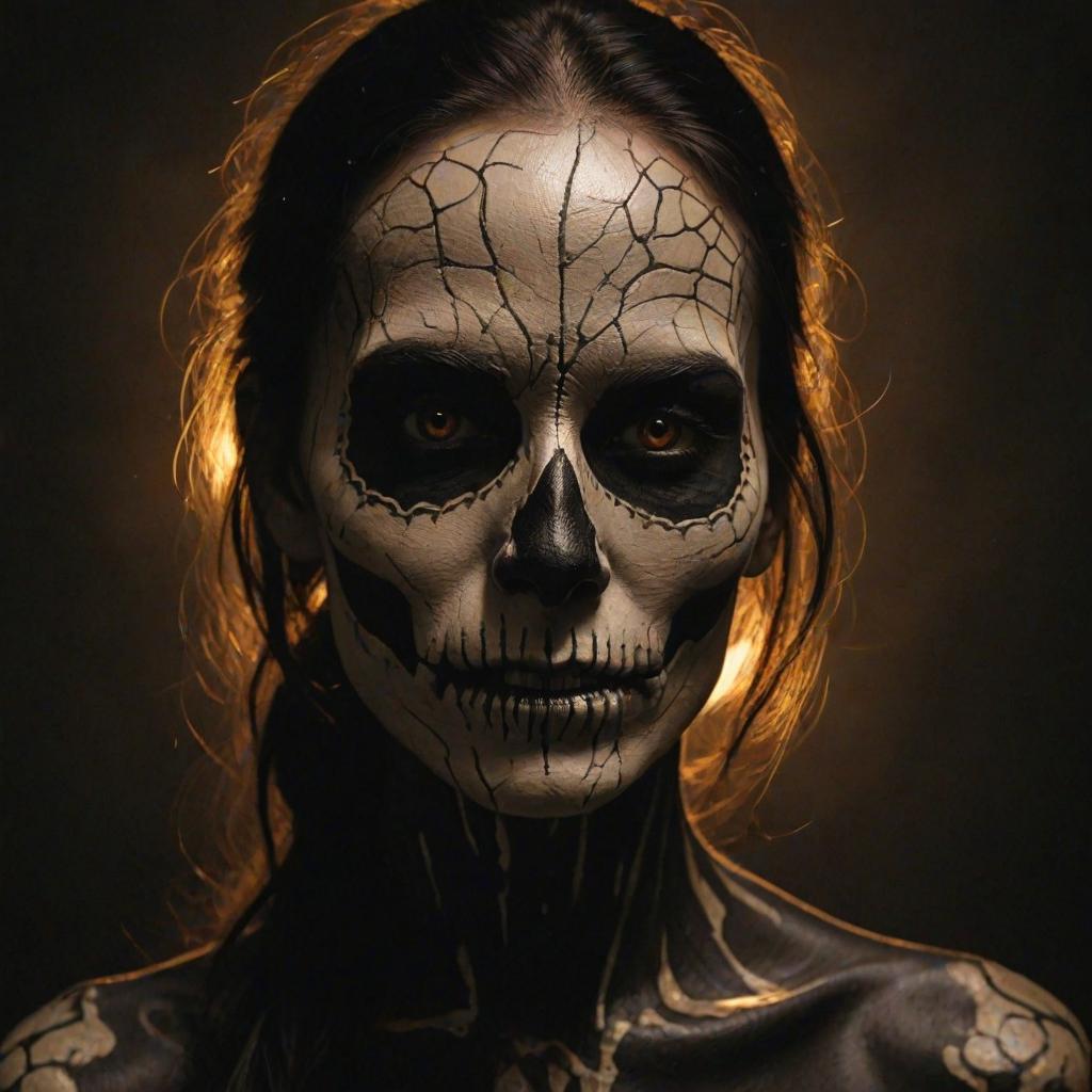 Create image featuring a close-up of a face painted like a skull. The skin is predominantly white with textured, cracked paint. The eye sockets are painted black, blending into the natural shadows of the eyes, creating a deep, hollow look. Bright, intense golden-yellow lights radiate from the eyes, casting a warm glow that contrasts with the cold, esoteric background. The nose is painted black in the shape of a spade. The mouth area features black lines extending from the corners, resembling a stitched effect. The face has sporadic black hair strands that frame it dramatically, adding to the eerie yet captivating feel. The background is blurred and dark, enhancing the focus on the face. Small, glowing orange embers are scattered sporadically across the image, contributing to the mysterious and magical atmosphere. The overall style is hyper-realistic with an emphasis on the contrast between light and dark elements, giving it an almost supernatural