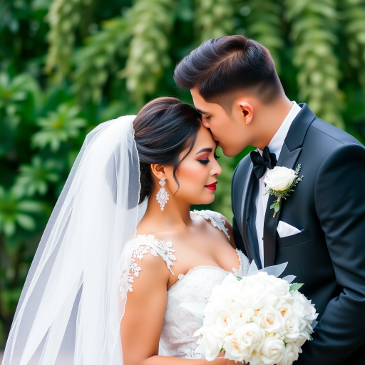A romantic wedding scene featuring a stylish couple sharing an intimate moment with the groom kissing the bride on the forehead the bride in an elegant white gown adorned with intricate details wearing a delicate veil and sparkling earrings the groom in a classic black tuxedo with lush greenery in the background creating a beautiful atmosphere