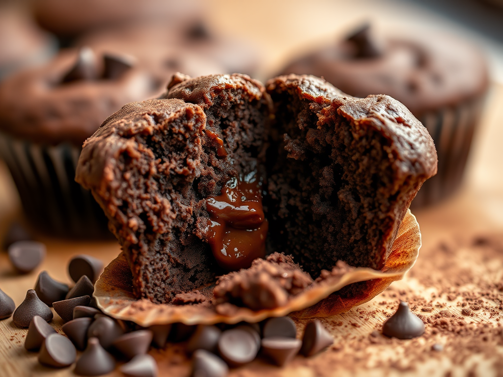 A close-up shot of a decadent chocolate muffin split open, revealing a gooey center, scattered chocolate chips and cocoa powder around it, natural light, shallow depth of field, ISO 200, f/2.8, 1/60s, taken with a DSLR camera.