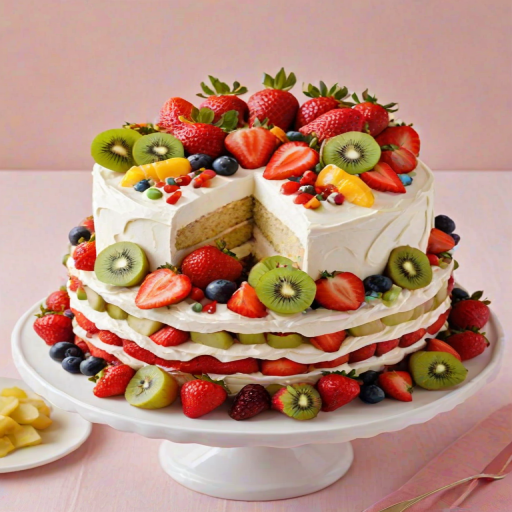 Create a beautifully decorated cake with layers of fruit and cream. The cake should have a smooth white frosting, topped with an assortment of fresh strawberries, kiwis, and other colorful fruits. Include decorative elements like whipped cream rosettes and edible flowers. Show a slice of the cake cut out, revealing the vibrant layers of fruit inside. The background should be soft and neutral to highlight the cake's colors.