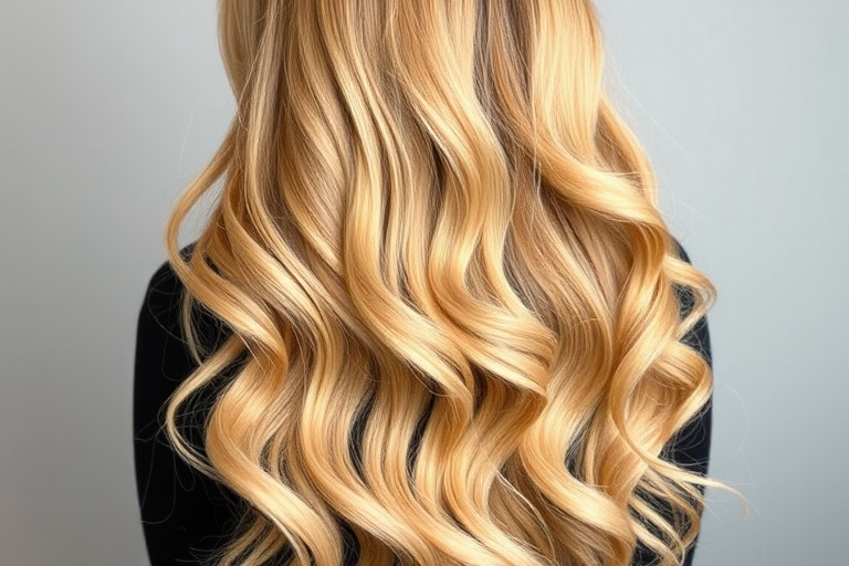 Radiant honey blonde mermaid waves, known as "Golden Cascade," flow gracefully down the back with subtle ombre effects and glossy shine