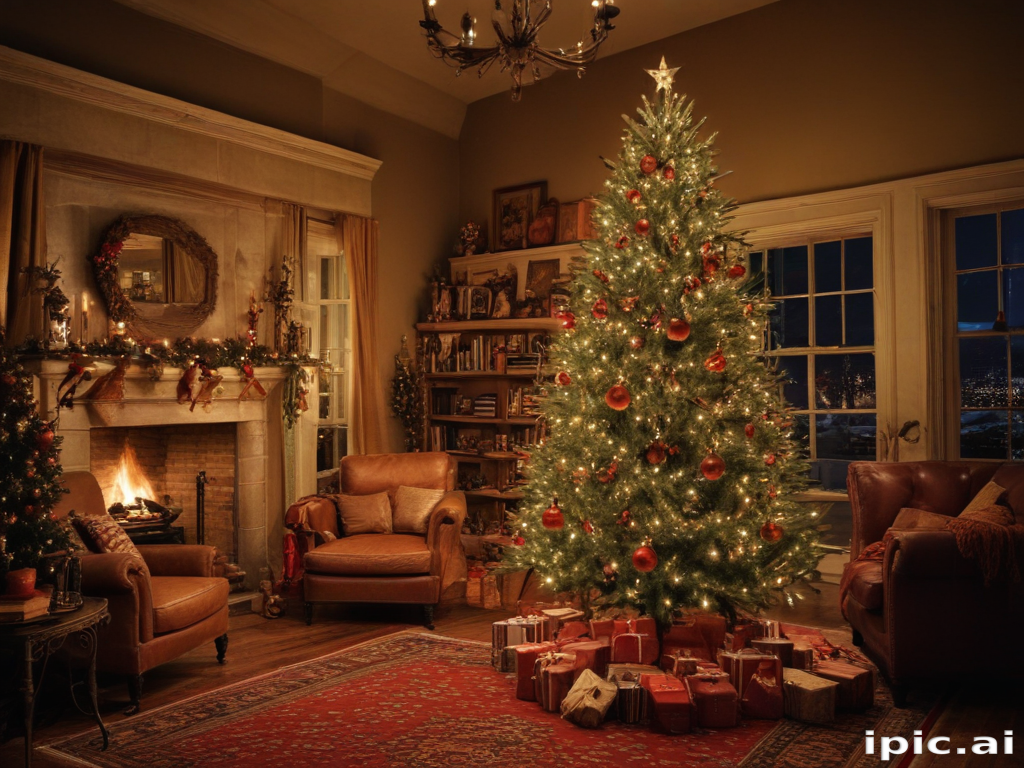 Cozy Christmas Living Room Decorated with a Beautiful Tree and Presents.