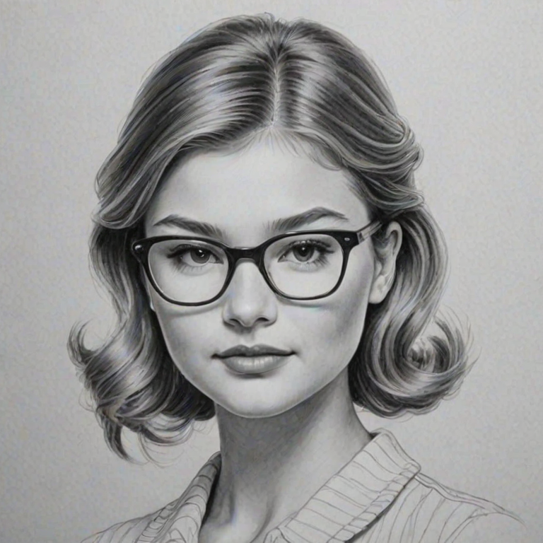 Exquisite Stefanie Scott, pencil sketch, portrait of Splendid woman 1943s in glasses, hair style beatnik, outline, clear lines, fine lines, 8k