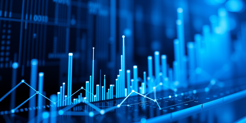 Create a high-resolution digital abstract image of a futuristic data visualization with blue and black gradients, sharp vertical bars representing data points, illuminated lines connecting them, taken with a Canon EOS R5, 50mm lens, f/1.8 aperture, ISO 100, at a low angle view with a soft focus background for enhanced depth perception.