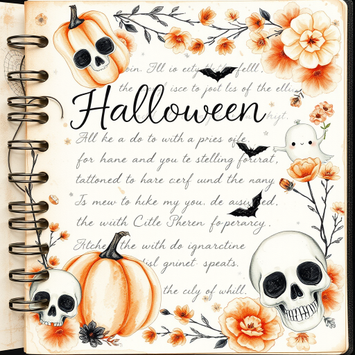Design a detailed watercolor, vintage-inspired Halloween-themed imagery for a cottagecore junk journal. The design features a spooky yet shabby chic aesthetic with handwritten elements in faded ink, showing slight wear. Include pumpkins, cute ghosts, and adorable skulls alongside autumn florals, all rendered in soft pastel colors like pale orange, cream, and black for accents. The imagery has a slight worn or parchment texture, creating a nostalgic feel. The high-resolution image has no blur, contrast, or grainy textures, and is filled with intricate details in 8k definition.