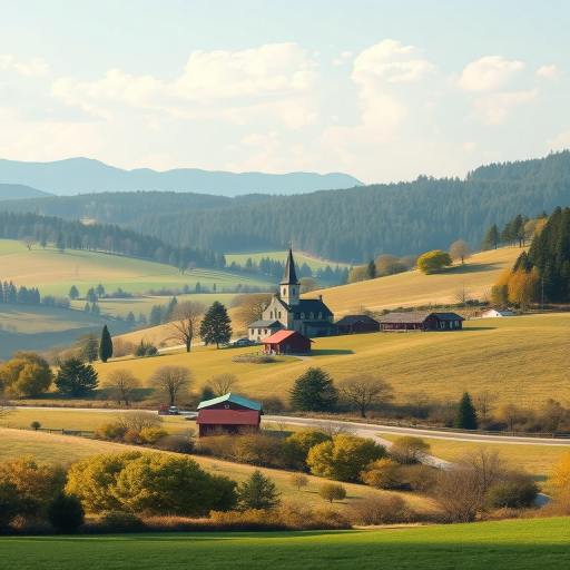 regenerate a digital illustration of a serene countryside landscape with a small village, featuring a church and rustic houses, surrounded by rolling hills and trees, in a minimalistic style, using a Canon EOS R5, 50mm lens, aperture f/8, ISO 100, with a bright and soft lighting setup for enhanced clarity and detail.