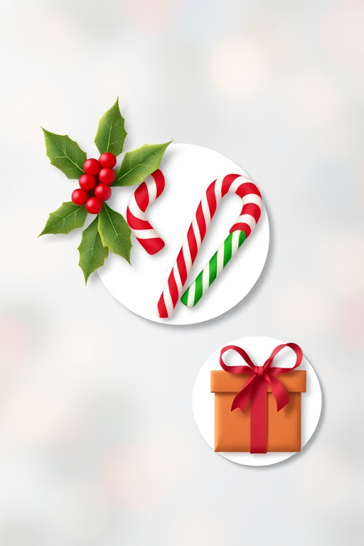 Create a high-quality vector illustration featuring three circular icons: one with holly leaves and red berries, another with green and red candy canes, and the last with a gift box tied with a ribbon, using a soft focus background, 50mm lens, f/2.8 aperture, and natural lighting for a vibrant look.