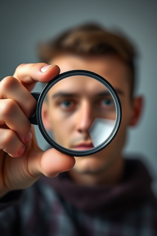 Create a high-resolution image of a person holding a magnifying glass, centered in the frame, with a shallow depth of field, using a DSLR camera with a 50mm lens, aperture set to f/1.8, ISO 100, and a soft, well-lit background to enhance clarity and focus.