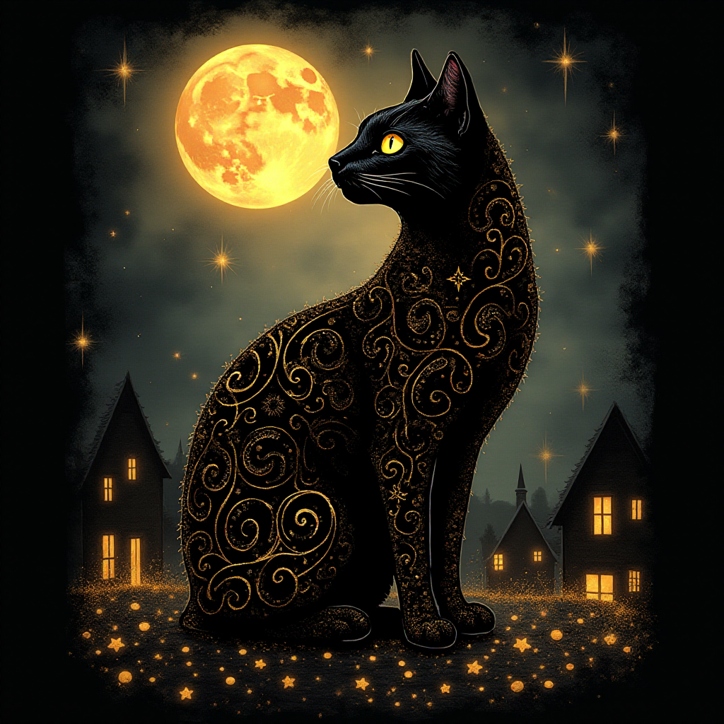 a stylized black cat with iridescent golden arabesques all over its body, on a grungy smoky black background with matching celestial designs, a full moon with silhouettes of lit houses, bright shooting stars, dazzling, magical BG, reminiscent of Christmas wonderland