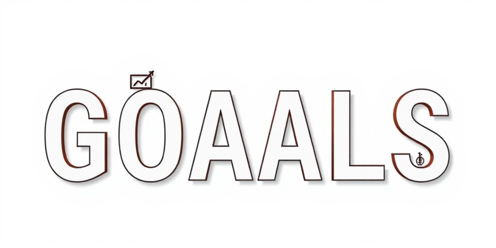 Create a high-resolution image of the word "GOALS" in a modern, professional font, incorporating icons representing planning, creativity, strategy, and achievement, using a clean white background, with a slight drop shadow; camera settings: f/4 aperture, ISO 100, shutter speed 1/125 sec; camera view: eye level; camera style: minimalist; camera type: DSLR.
