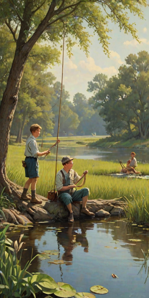 Imagine a small group of old fashioned young boys out fishing by the creek, a swing hanging from a tree branch, reeds and grasses by the water's edge, a frog sitting on a lily pad, dragonflies hovering over som water plans, a very iconic old fashioned scene reminiscent of a Norman Rockwell painting style