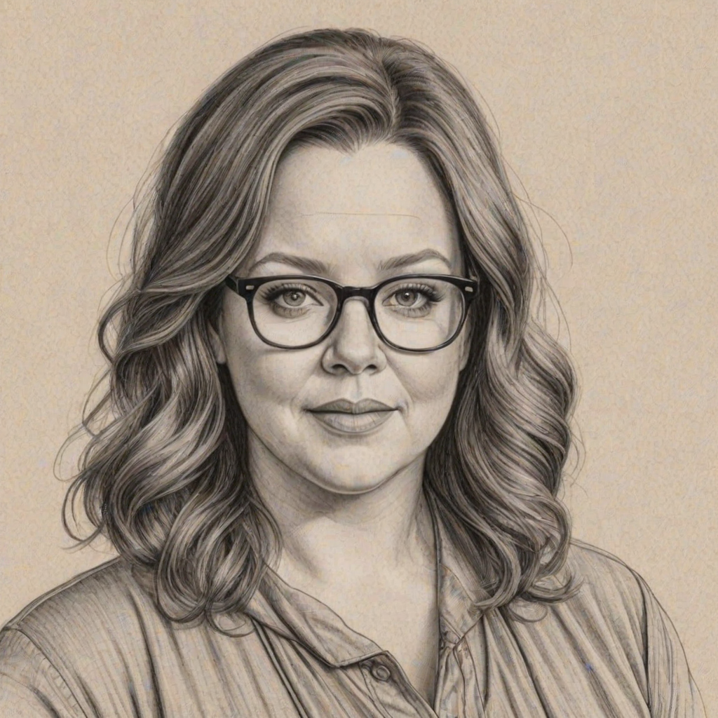 Graceful Melissa McCarthy, pencil sketch, portrait of Attractive woman 1924s in glasses, hair style beatnik, outline, clear lines, fine lines, 8k