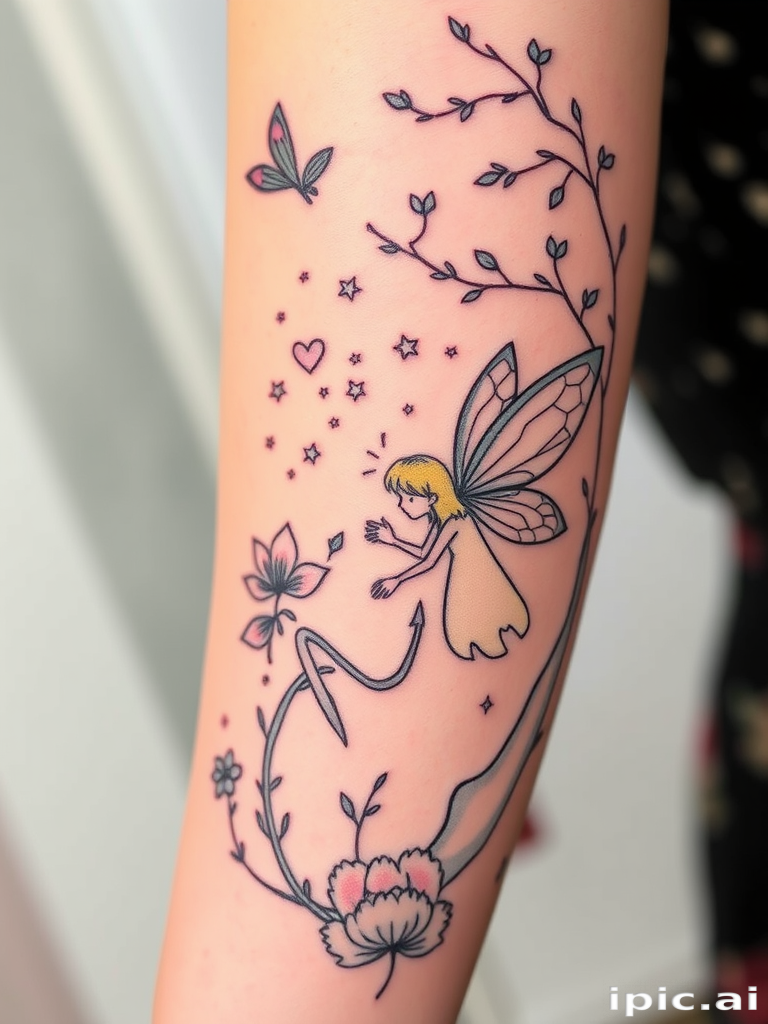 Illustrative fine line tattoo featuring a whimsical fairy tale scene, delicate linework creating depth and texture, ethereal pastel colors blending seamlessly, storybook-inspired composition