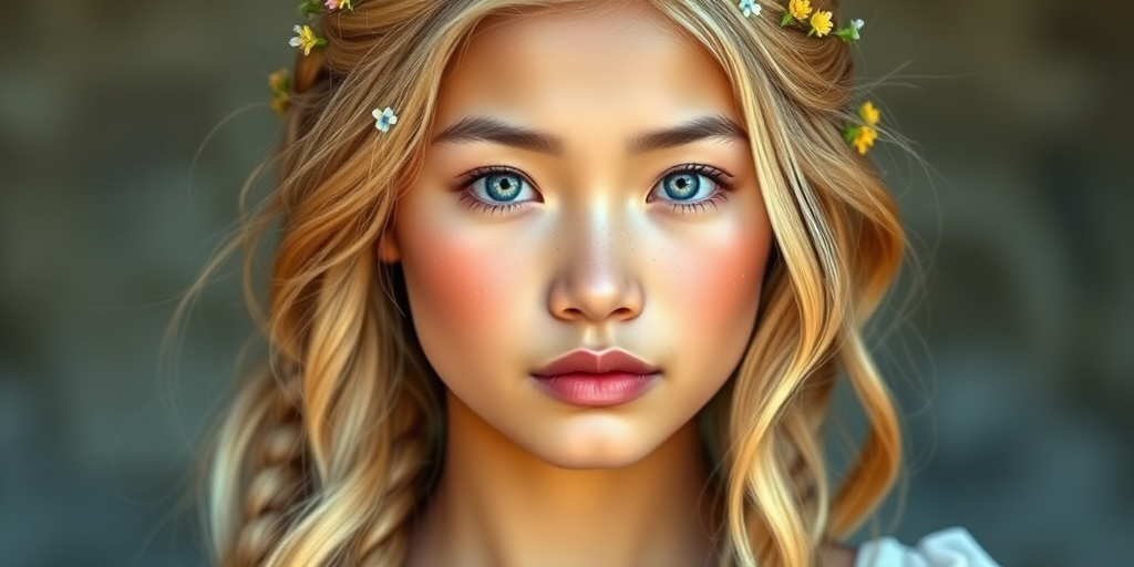Create an image of a young Lao woman with long, wavy blonde hair, adorned with small, colorful flowers woven into her braids and loose strands. Her complexion is fair, with soft, glowing skin, and she has light blue eyes that gaze softly at the viewer. She wears a light, flowing dress with a gentle, ethereal quality, complementing her delicate and serene appearance. The background is slightly blurred, drawing focus to her tranquil expression and the intricate details of the flowers in her hair. The overall mood of the image is one of natural beauty and grace, evoking a sense of peacefulness and connection with nature.