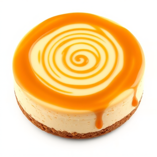 Create an image of a round cheesecake with a smooth creamy texture topped with a caramel swirl design the cake should have a golden caramel color and a crumbly graham cracker crust the background should be simple and unobtrusive to highlight the cheesecake