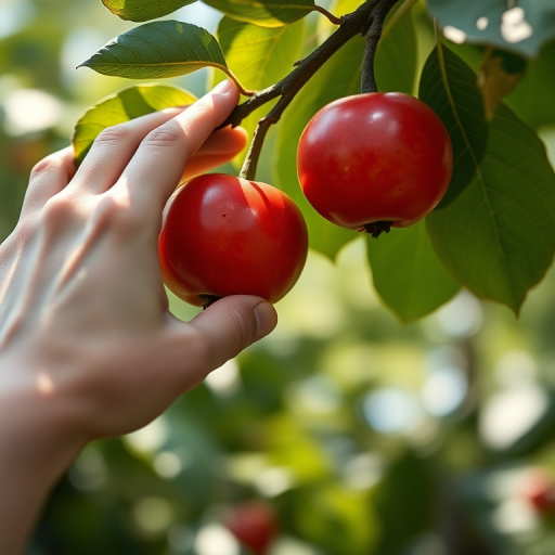 Create an illustration of a hand reaching for two ripe red fruits hanging from a green leafy branch, captured with a Canon EOS R5, 50mm lens, aperture f/2.8, ISO 100, natural lighting, shallow depth of field.