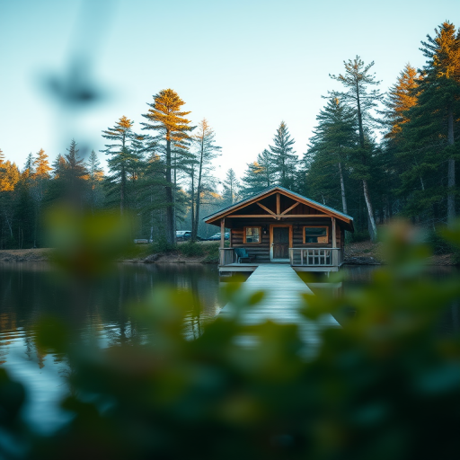 capture a wooden cabin on a pier surrounded by trees by a lake during the day, use a Canon EOS R5, 50mm lens, aperture f/2.8, ISO 100, shutter speed 1/200 sec, natural light, focus on the cabin with a slight bokeh effect on the foreground foliage