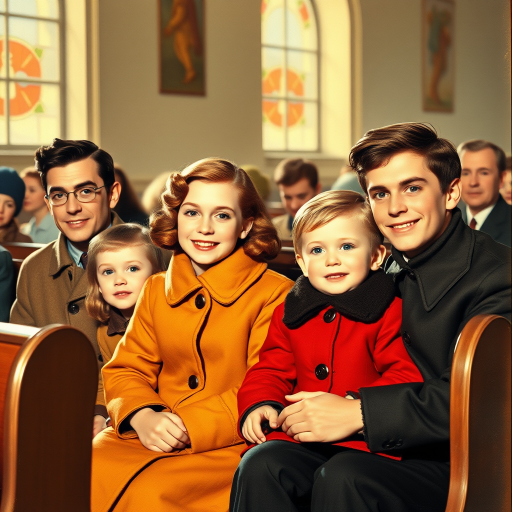 In the style of Norman Rockwell, a 1953 young family, looking pleasantly content is sitting in church, wearing cold weather clothing in autumn colors