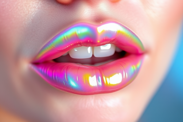 Holographic iridescent lip gloss in shifting pastel hues, dubbed "Unicorn Kisses," offering a mesmerizing rainbow effect and hydrating properties, suitable for playful and whimsical styles