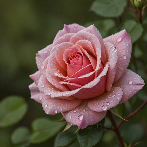 Create an image of a single rose with dew drops on its petals. The rose should be in full bloom and the background should be blurred with a hint of greenery. The rose should be captured from a side angle, showcasing its vibrant color and intricate petal structure.