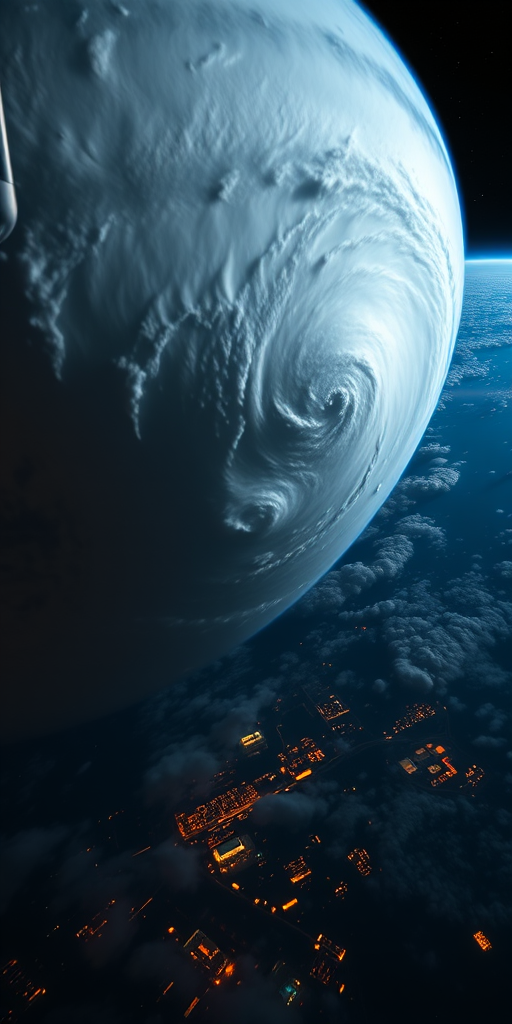 A breathtaking view of Earth from space capturing a swirling hurricane in the atmosphere, with city lights glowing below, shot with a DSLR camera using a 16mm lens at f/2.8, ISO 800, 1/60s shutter speed, in a wide-angle perspective to enhance detail and vibrancy.