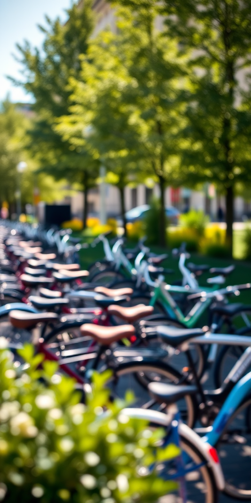 a bustling bike parking area with various bicycles in a sunlit setting, shallow depth of field, f/4 aperture, ISO 100, natural lighting, shot with a DSLR camera from a slightly elevated angle to capture the arrangement of bikes and surrounding greenery