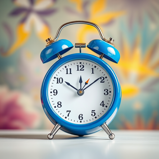 create a high-resolution illustration of a blue alarm clock with a shiny finish, set against a softly blurred colorful background, captured in a studio with a 50mm lens at f/2.8, ISO 100, and soft natural lighting to enhance details and vibrancy