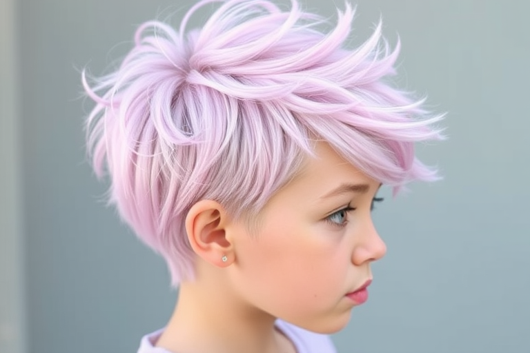 Whimsical pastel pink pixie cut with soft lavender undertones, styled in playful spikes resembling cotton candy wisps, christened "Fairy Floss Fantasy"