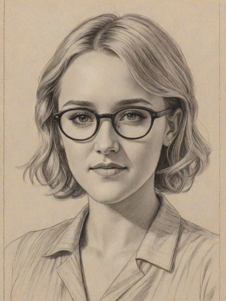 Comely Emily Osment, pencil sketch, portrait of Sublime woman 1926s in glasses, hair style beatnik, outline, clear lines, fine lines, 8k