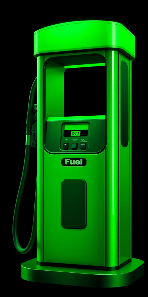 Create a detailed illustration of a fuel pump in vibrant green color on a contrasting black background, soft focus, f/2.8 aperture, 50mm lens, DSLR camera, high dynamic range.