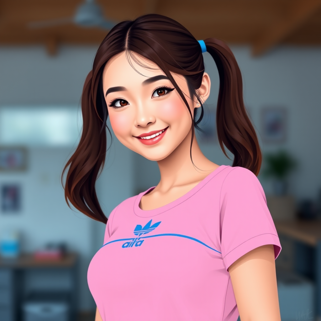 Create a vector-style illustration of a young woman with long brown hair in pigtails, round face with cheerful expression, wearing a pink top with blue accents, with a soft focus background, using a Canon EOS R5 with a 50mm lens at f/1.8, ISO 100, in a well-lit studio setting.