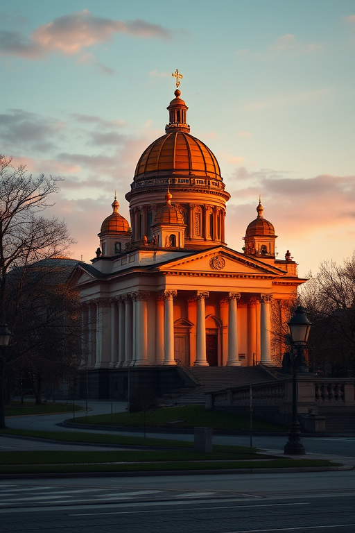 regenerate the image of St. Isaac's Cathedral during golden hour, camera settings: f/8, ISO 100, shutter speed 1/250s, camera view: wide-angle, camera style: landscape, camera type: DSLR