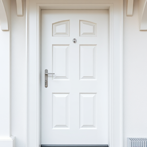 Create a realistic image of a white front door with six rectangular panels, a small peephole at the top, a silver door handle, and clear outlines, shot with a Canon EOS 5D Mark IV at f/11, ISO 100, 1/160 sec, in a straight-on view to enhance detail and lighting.