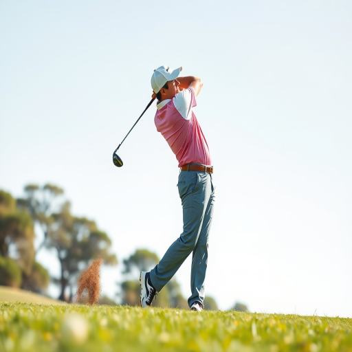 Generate a high-quality vector graphic of a golfer in mid-swing, using a 50mm lens, aperture f/2.8, ISO 100, shot from a low angle to capture dynamic movement, with a clear, crisp background.