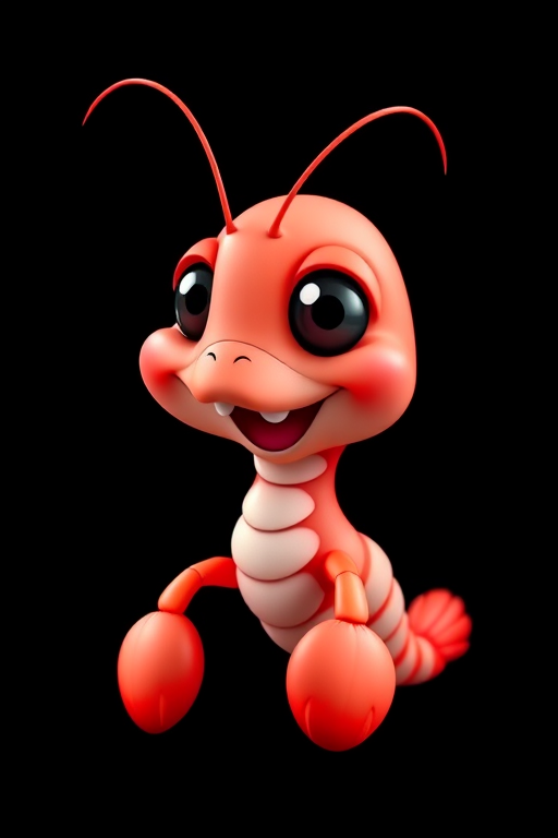 Create a vibrant cartoon shrimp character with a cheerful expression, using a DSLR camera with a 50mm lens, f/2.8 aperture, ISO 100, captured in a macro view against a solid black background to enhance detail and color contrast.