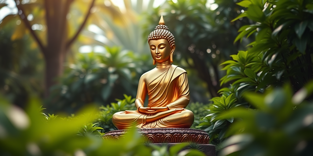 Generate a high-resolution image of a golden Buddha statue seated in a lotus position surrounded by lush greenery, using a DSLR camera with a 50mm lens, aperture f/1.8, ISO 100, soft diffused lighting, and a shallow depth of field to create a serene atmosphere.