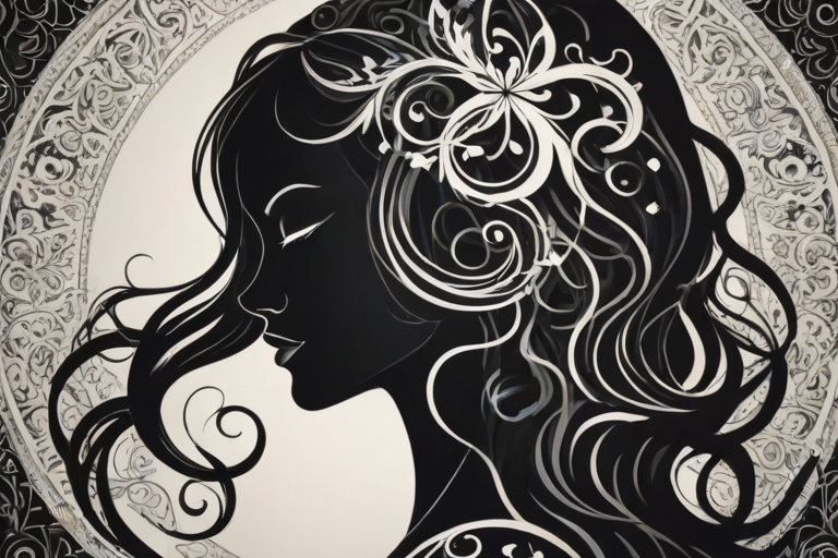 create an artistic silhouette of a whimsical character with dynamic curves and intricate circular patterns, featuring a flowing hair design and playful elements in monochrome colors