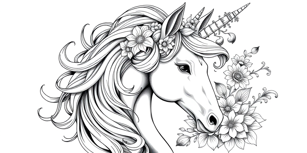 Create a highly detailed, black and white illustration of a unicorn's head adorned with flowing hair and surrounded by intricate floral designs, captured with a DSLR camera at f/2.8 aperture, 50mm lens, ISO 100, in a studio lighting setup for enhanced clarity and texture.