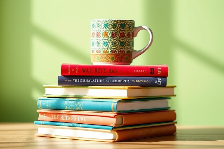 still life of a stack of colorful books with a patterned mug on top, soft green background, natural sunlight, f/2.8, 1/60s, ISO 100, 50mm lens, shot from a slightly elevated angle with a shallow depth of field, digital art style.