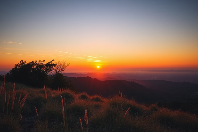 Generate a high-resolution image of a tranquil landscape at sunset, using a DSLR camera, 50mm lens, f/1.8 aperture, ISO 100, captured in portrait view with soft lighting and vibrant colors.